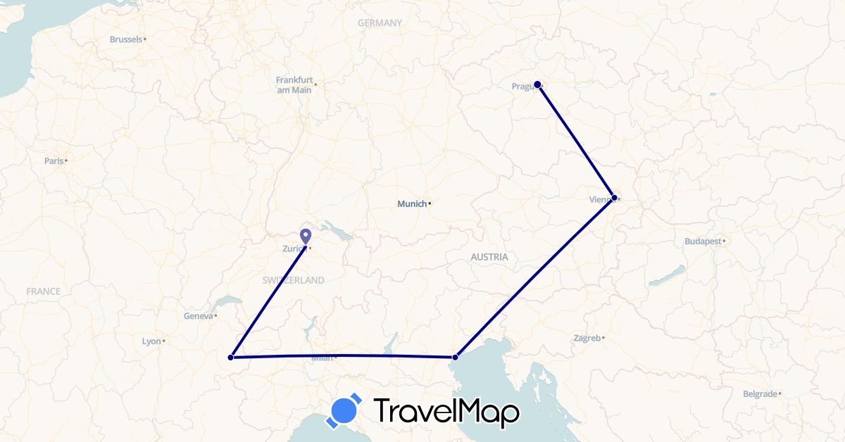 TravelMap itinerary: driving in Austria, Switzerland, Czech Republic, France, Italy (Europe)
