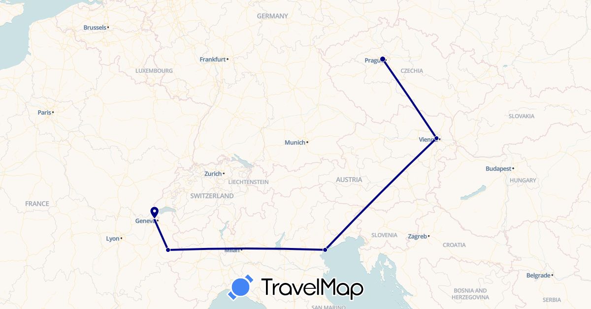 TravelMap itinerary: driving in Austria, Switzerland, Czech Republic, France, Italy (Europe)