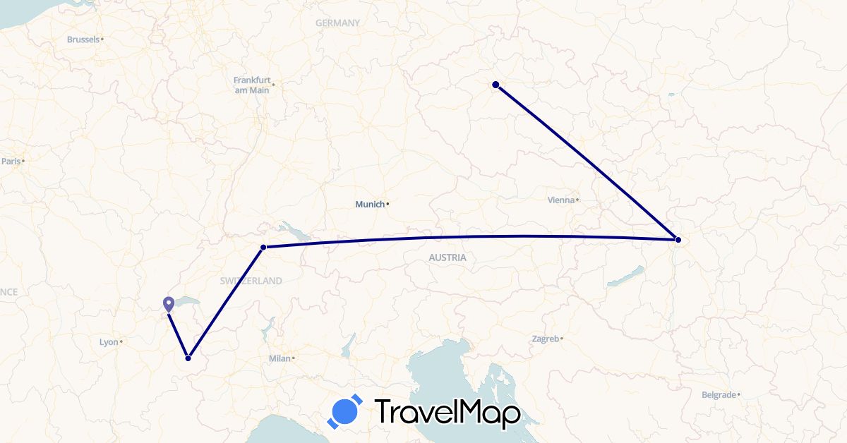 TravelMap itinerary: driving in Switzerland, Czech Republic, France, Hungary (Europe)