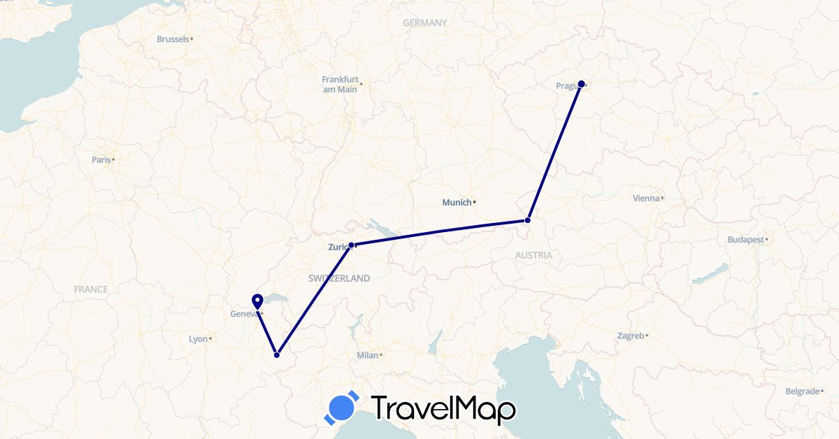 TravelMap itinerary: driving in Austria, Switzerland, Czech Republic, France (Europe)